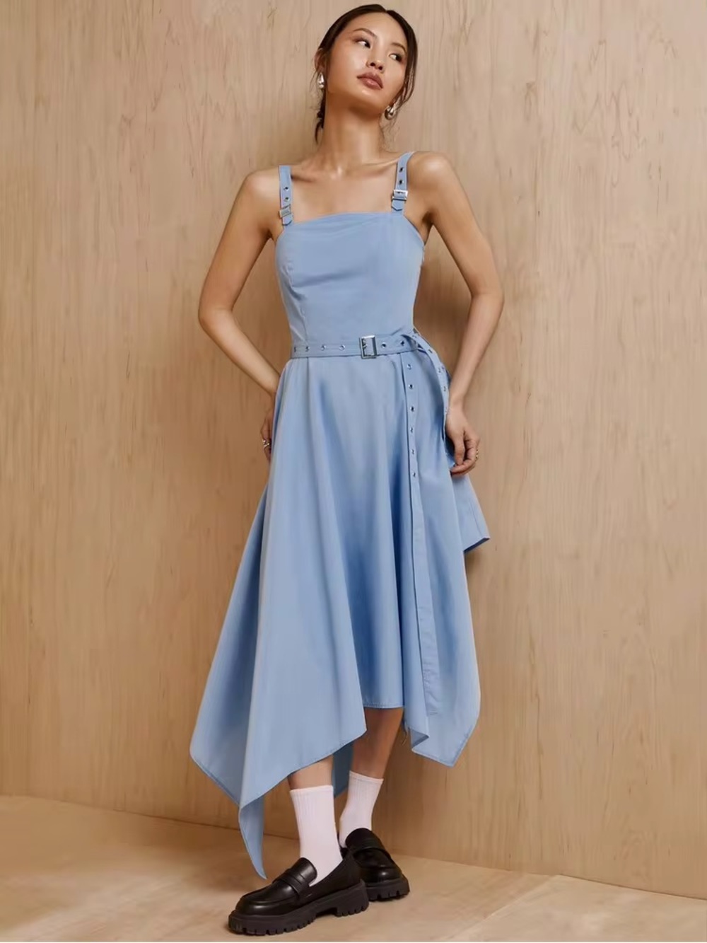 NWT MONSE Mathilde Lhomme Designer Light Blue Asymmetric S belt midi dress day